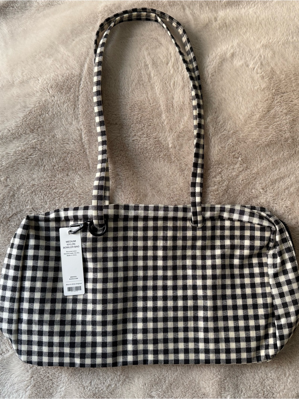 NWT BAGGU Medium Nylon Bowler Bag Black and White Gingham - Picture 5 of 11